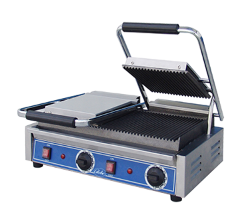 Globe  GPGDUE10-C Bistro Panini Grill, double, countertop, electric, seasoned cast iron grooved pl