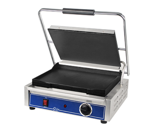 Globe GSG1410-C Sandwich Grill, 14-1/2 in x 10 in , seasoned cast iron smooth griddle plates, st