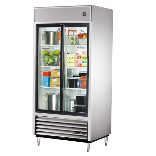 True TSD-33G-HC-LD Refrigerator, reach-in, (2) glass sliding doors, (6) PVC coated adjustable wire