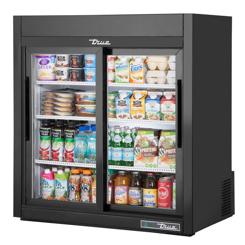 True GDM-09-SQ-HC-LD Refrigerated Merchandiser, countertop, (3) shelves, (2) Low-E thermal glass slid