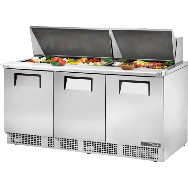 TRUE 72" 3-Solid Door Refrigerated Food Prep Unit w/ 30 Pans, 27.3 cu. ft. | TFP-72-30M