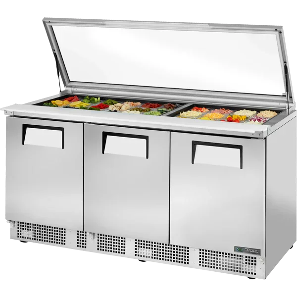 TRUE 72" 3-Solid Door Food Prep Unit w/ Flat Glass Lid & 30 Pans, 27.3 cu. ft. | TFP-72-30M-FGLID