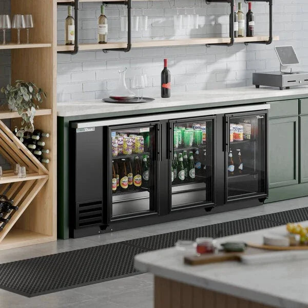 True TBB-4G-HC-LD | 90" 3-Glass Door Black Back Bar Cooler  32.8 cu. ft.