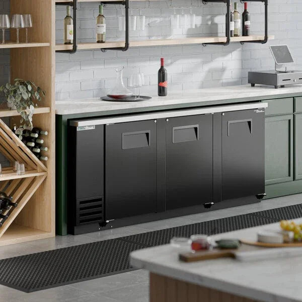 True TBB-4-HC | 90" 3-Solid Door Black Back Bar Cooler  32.8 cu. ft.