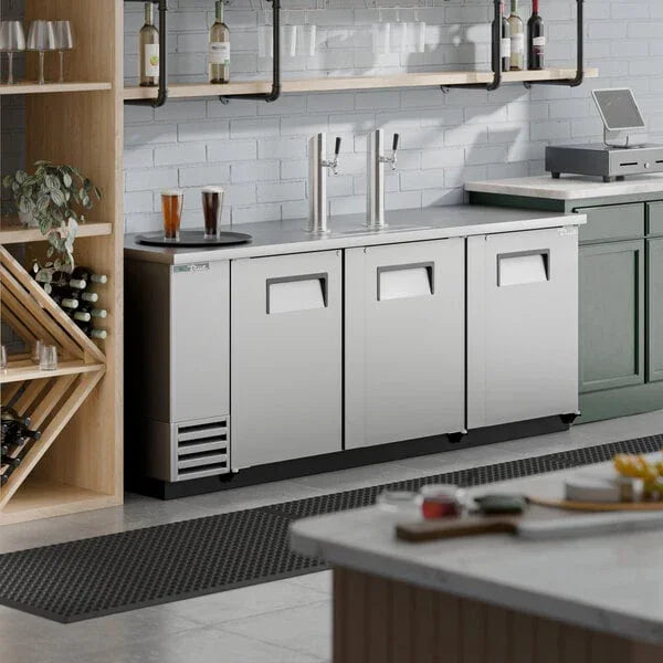 True TDD-4-S-HC | 90" Stainless Steel Direct Draw Beer Dispenser | 2 Taps | 3 Solid Swing Doors