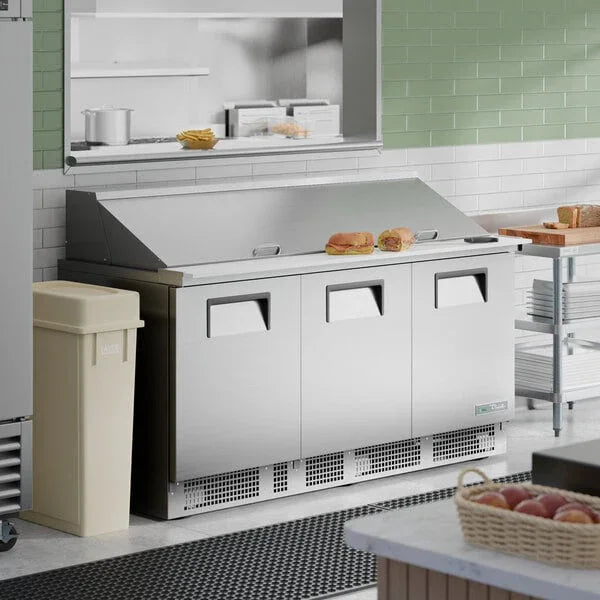 TRUE 72" 3-Solid Door Refrigerated Food Prep Unit w/ 30 Pans, 27.3 cu. ft. | TFP-72-30M