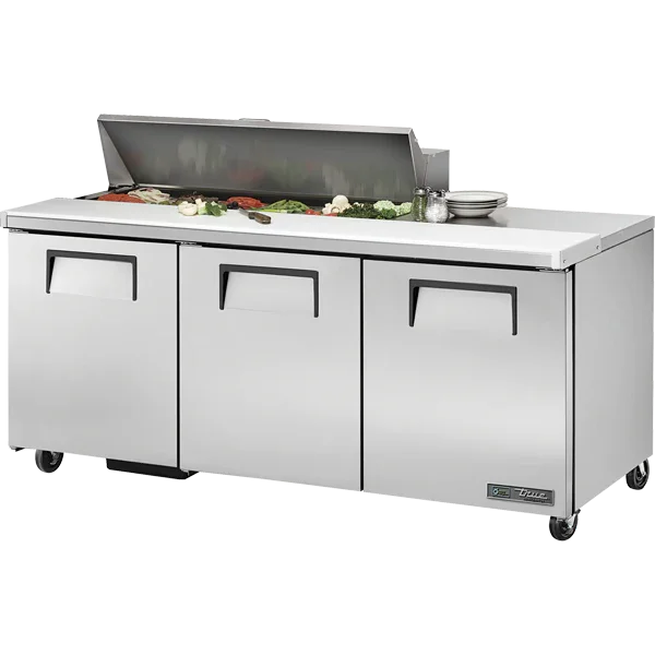 TRUE 72" 3-Solid Door Refrigerated Sandwich / Salad Food Prep Table w/ 12 Pans, 21.5 cu. ft. | TSSU-72-12-HC