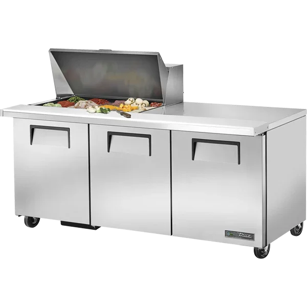 True TSSU-72-15M-B-HC | 72" 3-Solid Door  Refrigerated Sandwich / Salad Prep Table
