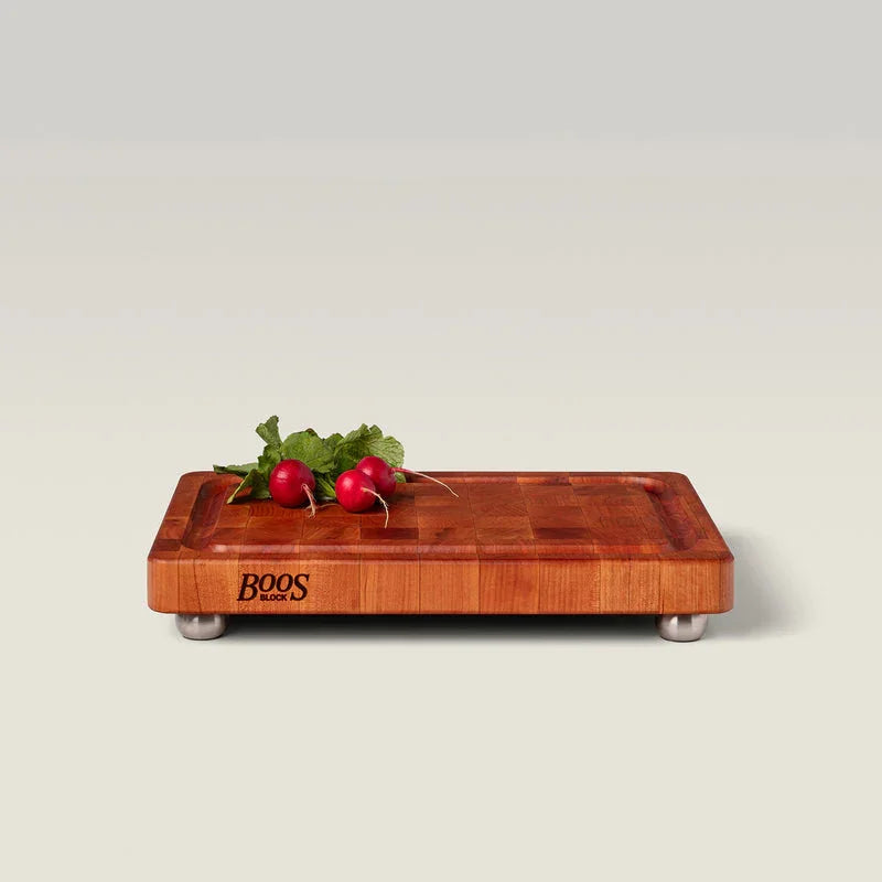 John Boos Cherry End Grain Chopping Block with Stainless Steel Bun Feet and a Juice Groove, 18" x 12" x 1.75" | CHY-1812175-SSF