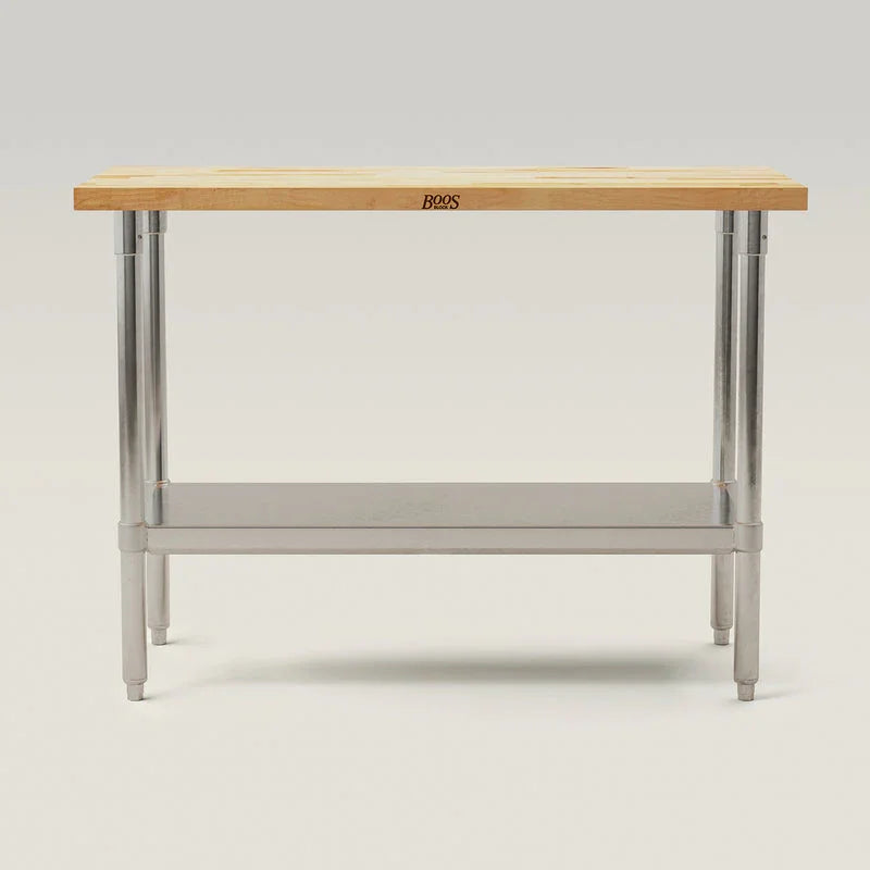John Boos Maple 1.5" Thick Wood Top Work Table with Galvanized Base & Adjustable Undershelf, 84" x 24" x 35" | JNS05