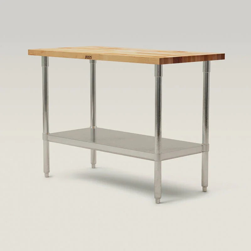 John Boos Maple 1.5" Thick Wood Top Work Table with Galvanized Base & Adjustable Undershelf, 84" x 24" x 35" | JNS05