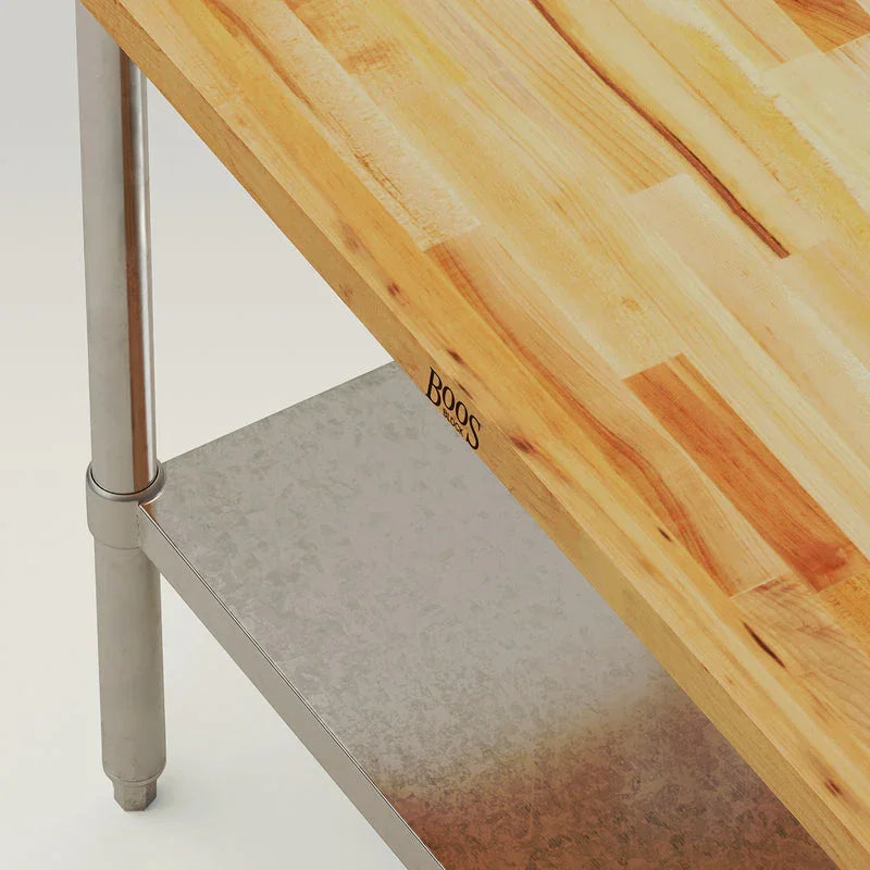 John Boos Maple 1.5" Thick Wood Top Work Table with Galvanized Base & Adjustable Undershelf, 84" x 24" x 35" | JNS05