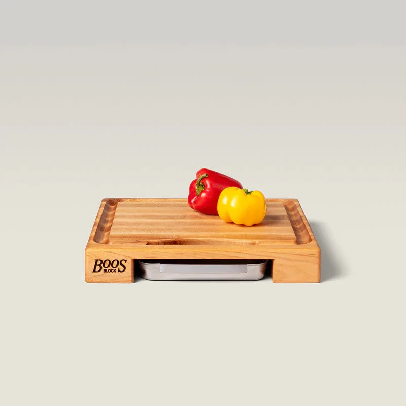 John Boos Maple Newton Prep Master Reversible Cutting Board With Juice Groove & Stainless Pan, 15" x 14" x 2.25" | PM1514225-P