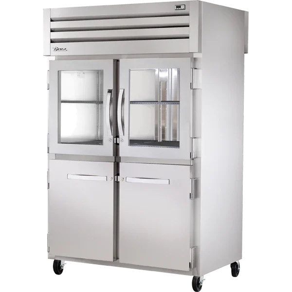TRUE SPEC SERIES® 53" 2-Glass Half Door 2-Solid Half Door Pass-Thru Refrigerator w/ Solid Rear Doors, Stainless Steel and Aluminum Exterior & Interior, Top Mounted | STG2RPT-2HG/2HS-2S-HC