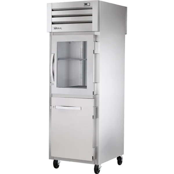 TRUE SPEC SERIES® 28" 1-Glass Half Door 1-Solid Half Door Pass-Thru Refrigerator w/ Solid Rear Door, Stainless Steel Exterior & Interior, Top Mounted | STR1RPT-1HG/1HS-1S-HC
