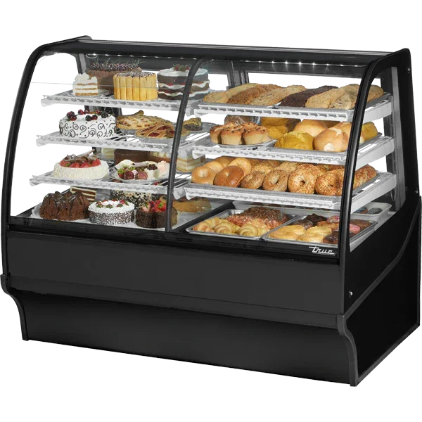True TDM-DZ-59-GE/GE-B-W | 59"  Black Curved Glass  Glass End Dual Zone Refrigerated Display Merchandiser