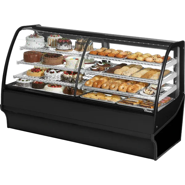 True TDM-DZ-77-GE/GE-B-W | 77" Black Curved Glass Dual Zone Display Merchandiser