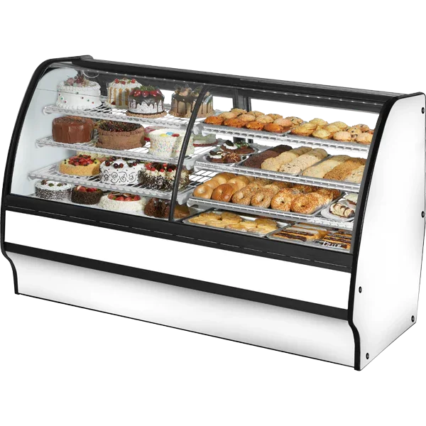 TRUE 77" White Fixed Front Curved Glass, Solid End Dual Zone Refrigerated Glass Merchandiser w/ White Interior, 14.1 cu. ft. | TGM-DZ-77-SC/SC-W-W