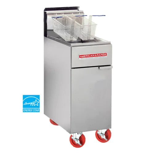 AMERICAN RANGE AF-50HE gas fryer with 50 lb capacity in stainless steel