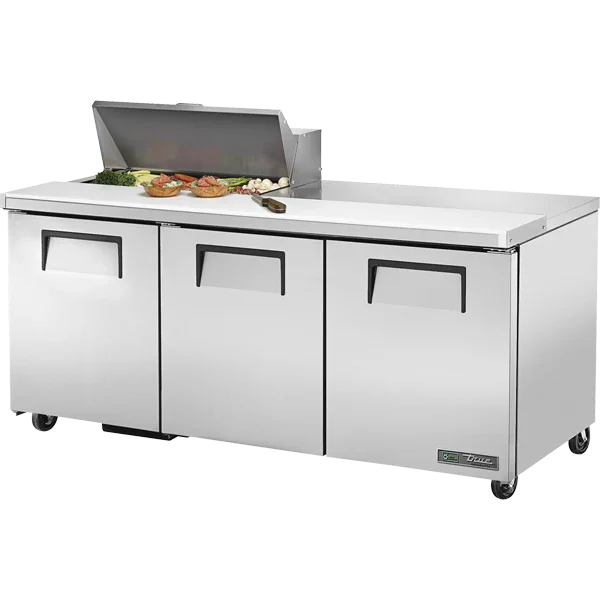 True TSSU-72-08-HC | 72" 3-Solid Door Refrigerated Sandwich Prep Table | 8 Pans