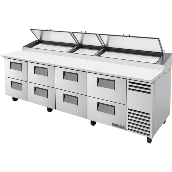 True TPP-AT-119D-8-HC | 119" 8-Solid Door Refrigerated Pizza Prep Table | 46.1 cu. ft.