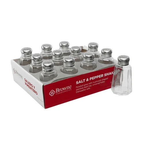 Browne 575232 Salt & Pepper Shaker, 2 oz., 2 in  x 3-3/5 in H, universal holes, paneled, clear