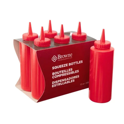 Browne 57801205 Squeeze Bottle, 12 oz., ketchup, no drip tip, polyethylene, red (set of 6) (cash
