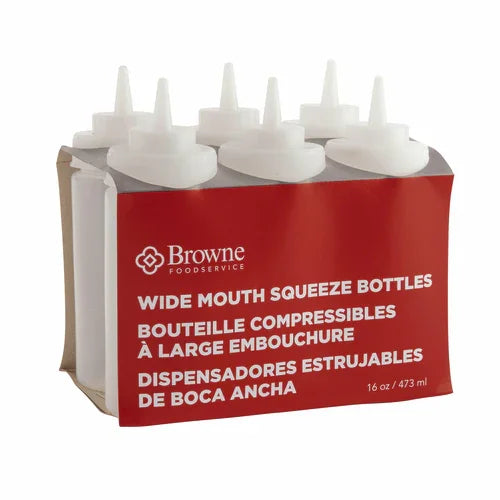 Browne 57801700 Squeeze Bottle, 16 oz., wide mouth, no drip tip, polyethylene, clear (set of 6)