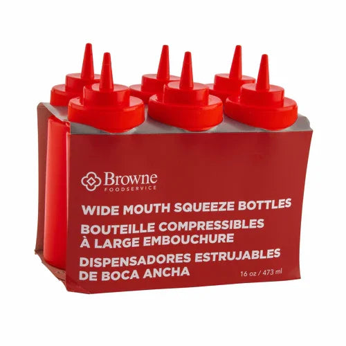 Browne 57801705 Squeeze Bottle, 16 oz., wide mouth, no drip tip, polyethylene, red (set of 6) (c