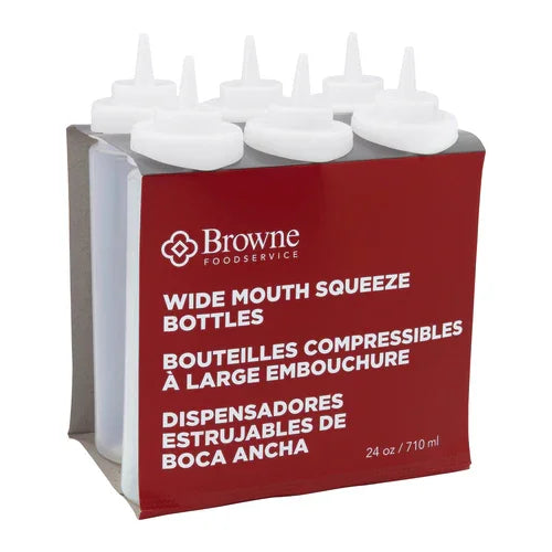 Browne 57802500 Squeeze Bottle, 24 oz., wide mouth, no drip tip, polyethylene, clear (set of 6)
