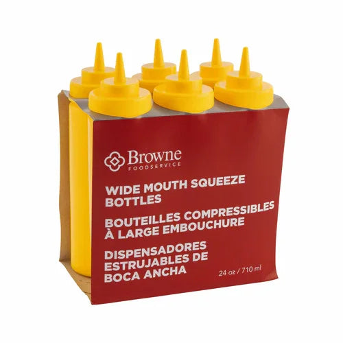 Browne 57802517 Squeeze Bottle, 24 oz., wide mouth, no drip tip, polyethylene, yellow (set of 6)
