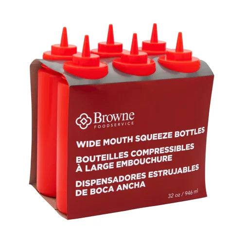 Browne 57803305 Squeeze Bottle, 32 oz., wide mouth, no drip tip, polyethylene, red (set of 6) (c
