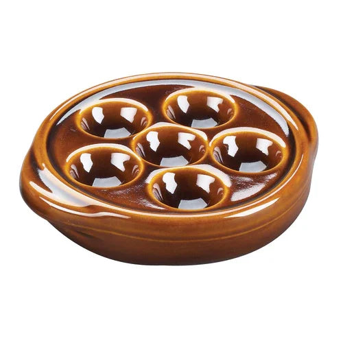 Browne 744046 Escargot Plate, 5-3/10 in  dia. x 1-1/2 in H, 6-hole, stoneware, brown