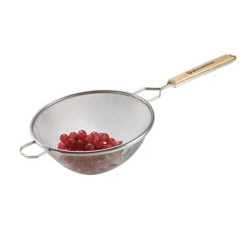 Browne 9099 Strainer, 10-4/5 in  bowl, 9 in L handle, single fine mesh, wood flat-bottom han