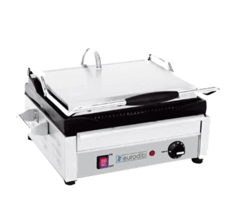 Eurodib SFE02345-240 Panini Machine with Ribbed Cooking Surface and Durable Construction