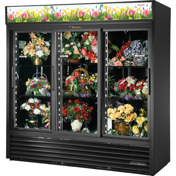 True GDM-69FC-HC-LD | 78" Black 3-Glass Door Floral Case  LED Lighting  Bottom Mounted