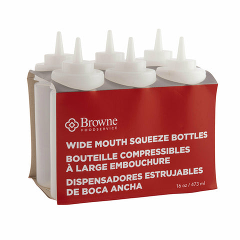 Browne 57801700 Squeeze Bottle, 16 oz., wide mouth, no drip tip, polyethylene, clear (set of 6)