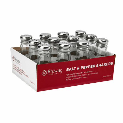 Browne 575223 Salt & Pepper Shaker, 3 oz., 2-1/10 in  x 4-3/5 in H, universal holes, paneled,