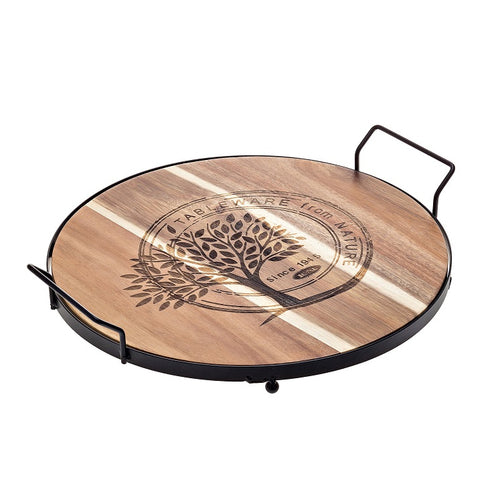 Tableware Solutions S5030 Cutting Board, 14 in  dia. x 3 in , round, with handles, hand wash, Acacia wood,
