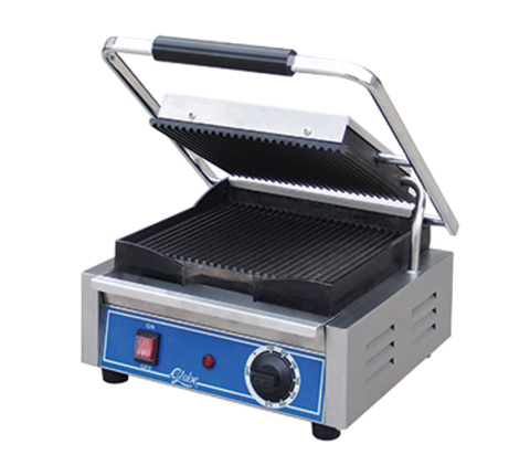 Globe GPG10-C Bistro Panini Grill, single, countertop, electric, seasoned cast iron grooved pl