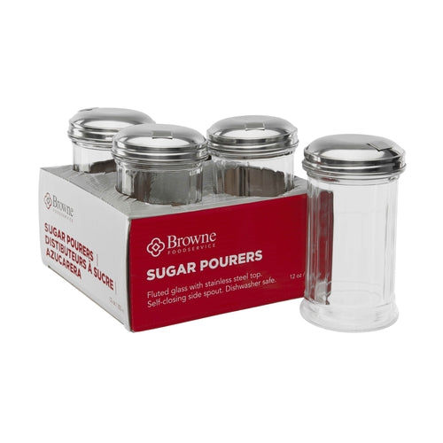 Browne 575228 Sugar Pourer, 12 oz., 3 in  dia. x 5-3/5 in H, self-closing side spout, fluted,
