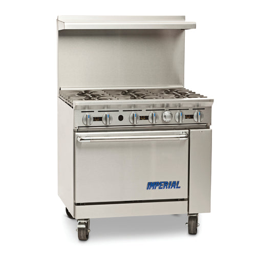 Imperial IR-6-C Restaurant Range, gas, 36 in , (6) open burners, convection oven, (3) chrome rac