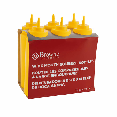 Browne 57803317 Squeeze Bottle, 32 oz., wide mouth, no drip tip, polyethylene, yellow (set of 6)
