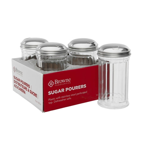 Browne 575231 Sugar Pourer, 12 oz., 3 in  dia. x 5-3/5 in H, self-closing side spout, fluted,