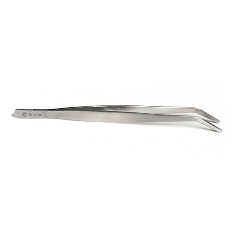 Browne 57515 Precision Tongs, 8 in L, curved, serrated tip, stainless steel