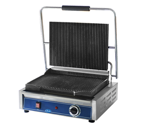 Globe GPG1410-C Panini Grill, 14-1/2 in x 10 in , seasoned cast iron grooved griddle plates, sta