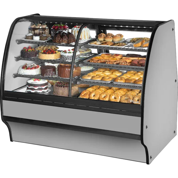 TRUE 59" Stainless Steel Fixed Front Curved Glass, Solid End Dual Zone Refrigerated Glass Merchandiser w/ Stainless Steel Interior, 10.7 cu. ft. | TGM-DZ-59-SC/SC-S-S