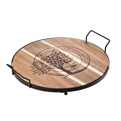 Leone S5030 Round Cutting Board 14 in Diameter Acacia Wood with Handles