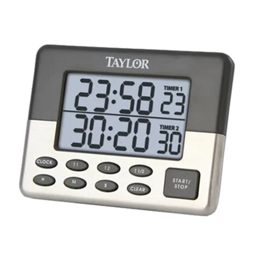 Taylor 5261500 digital dual LCD timer counts up to 23 hours 59 minutes 59 seconds
