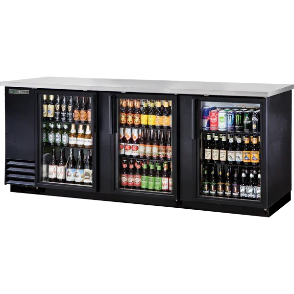 True TBB-4G-HC-LD | 90" 3-Glass Door Black Back Bar Cooler  32.8 cu. ft.